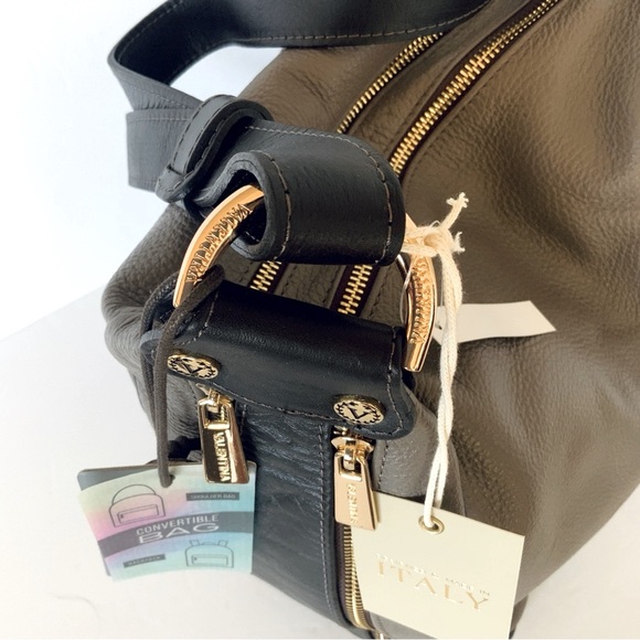 Valentina Hobo Shoulder Backpack Italian Taupe Black Leather NWT - Picture 4 of 16